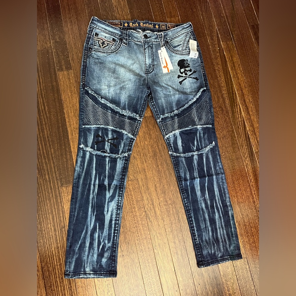 Rock Revival Biker Tapered Leg Jeans Men’s Size 38 “Montell” Blue